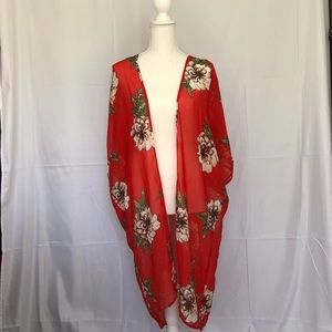 Red Sheer Lightweight Floral Chiffon Duster